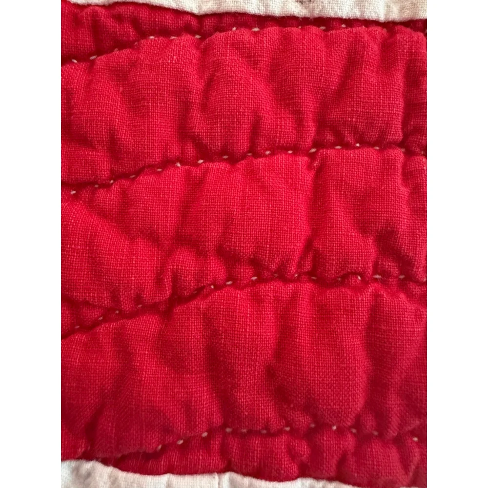 Vintage Hand Quilted Red White Patchwork Quilt Farmhouse Gingham Back 57x44